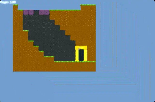Pixel-art gameplay: a feathered rock dives through a cave of dirt and stone blocks toward a glowing yellow doorway, trailing sparks