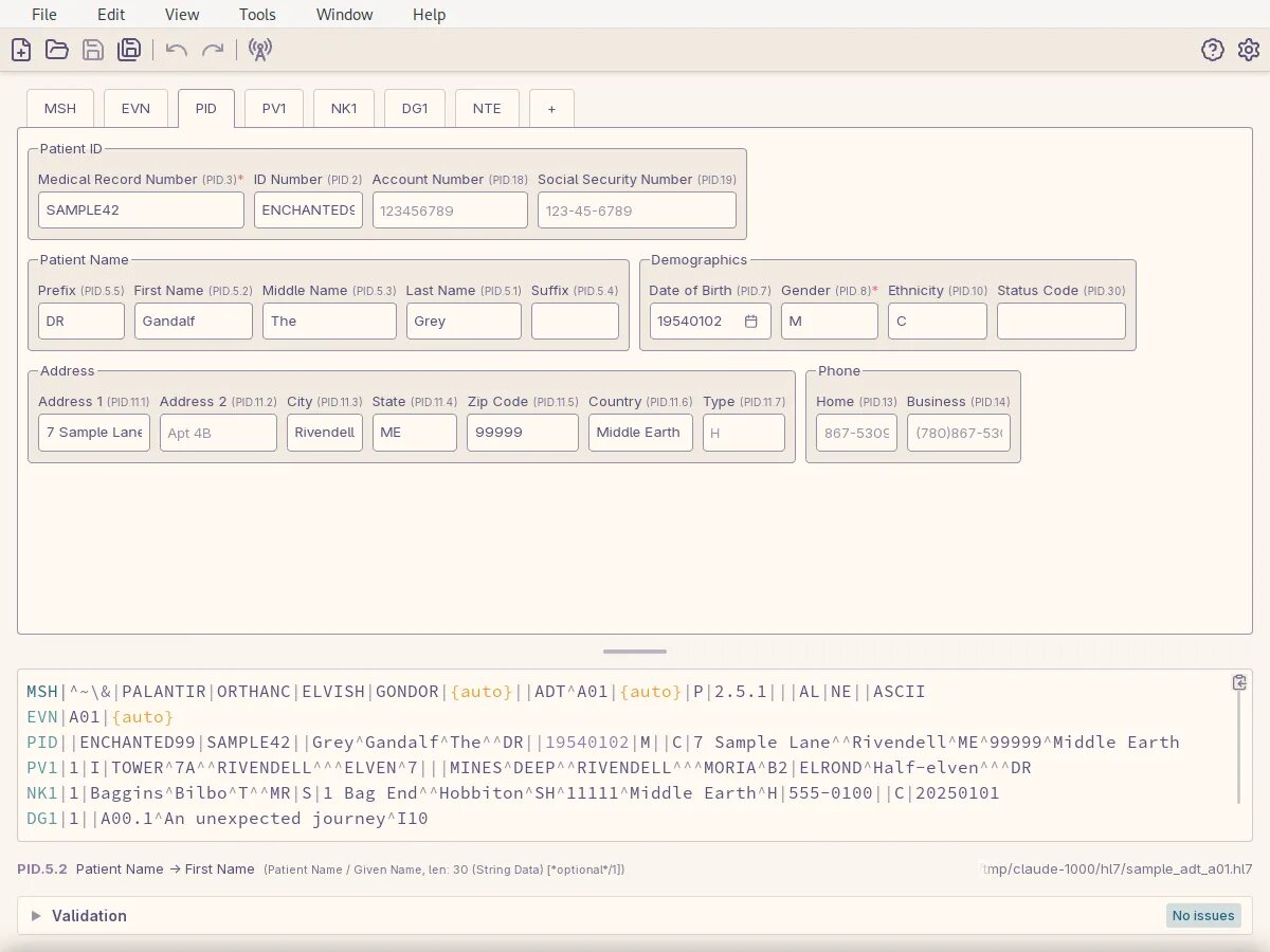 The Hermes window: tabs for each HL7 segment above a form grouping the patient's ID, name, demographics, address and phone into labelled fields, with the raw syntax-highlighted message below and a validation bar reading No issues
