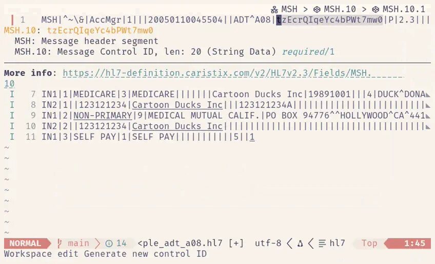 Neovim editing an HL7 message: the MSH.10 field is highlighted, with a breadcrumb reading MSH to MSH.10 to MSH.10.1, hover documentation naming it the Message Control ID, and a diagnostic flagging an invalid table value further down