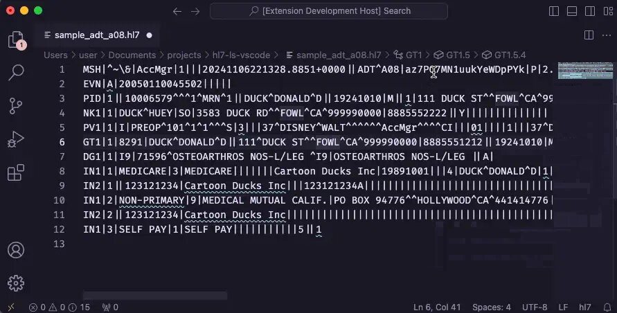Visual Studio Code editing the same HL7 message, with segment fields highlighted and the HL7 path shown in the breadcrumb bar