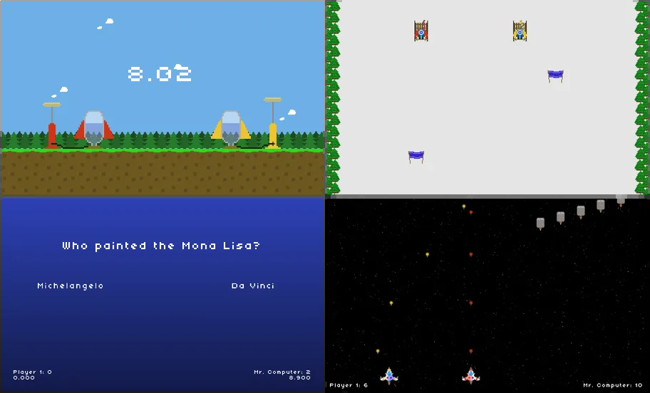 Four pixel-art minigames: a bottle rocket over a green field, two players sledging between flags, a multiple-choice question about the Mona Lisa, and a pair of spaceships firing upward