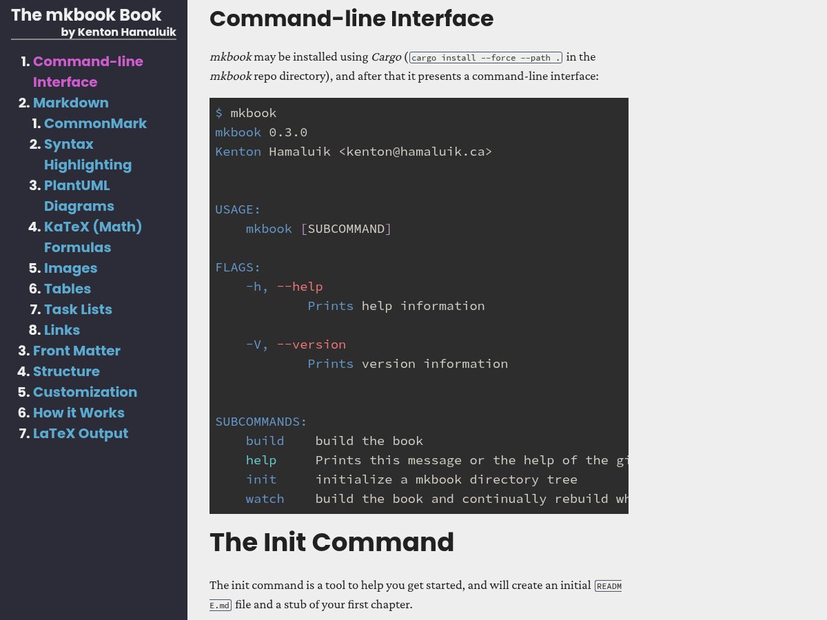 The mkbook Book's Command-line Interface chapter, with the dark table-of-contents sidebar on the left and the rendered chapter text on the right