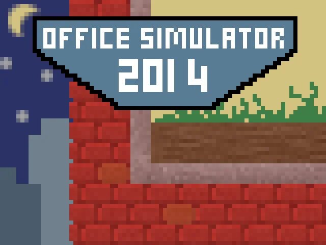 Pixel-art title card reading OFFICE SIMULATOR 2014 on a banner over a brick office building at night