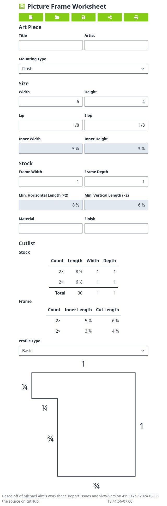 The Picture Frame Worksheet: fields for the art piece title and artist, mounting and profile type, the artwork size and lip slop, and the frame stock dimensions, followed by a cutlist table and the frame cut lengths