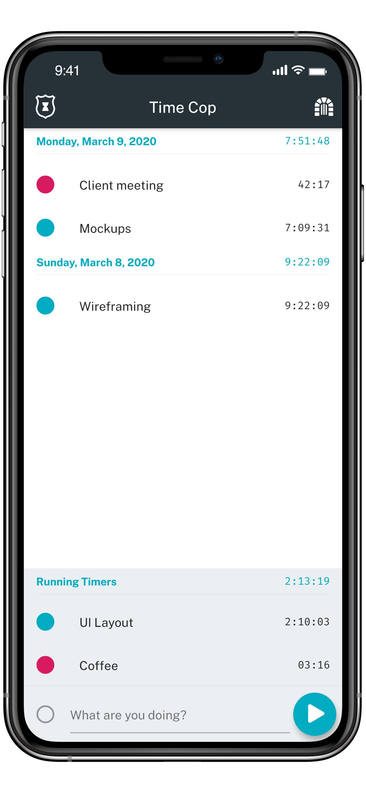 Time Cop's dashboard listing a client meeting and mockups under today's date and running layout and coffee timers, above a What are you doing? entry field