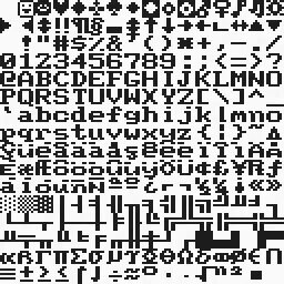 A 16 by 16 grid of Code Page 437 glyphs: box-drawing characters, arrows, card suits, letters and accented forms