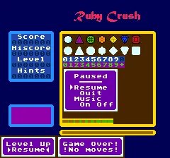 A chunky 8-bit match-three board of coloured gem shapes beside score, hiscore, level and hints panels, with a paused menu overlaid